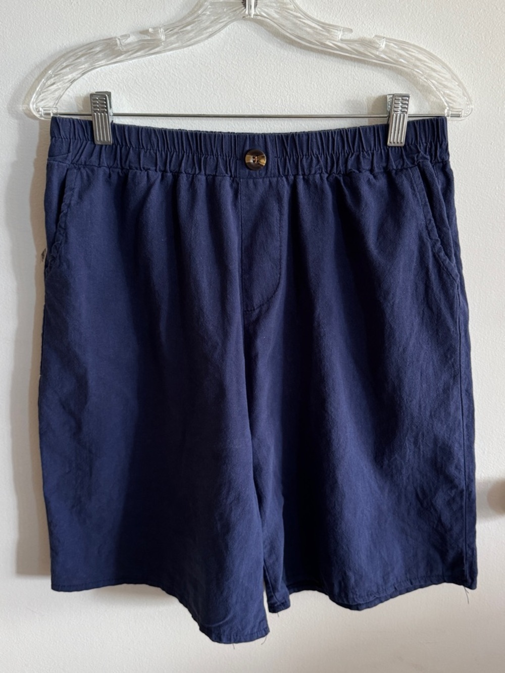 Women's Cotton Blend Navy Elastic-Waist Pull On Bermuda Shorts Size L Culottes - Picture 5 of 8